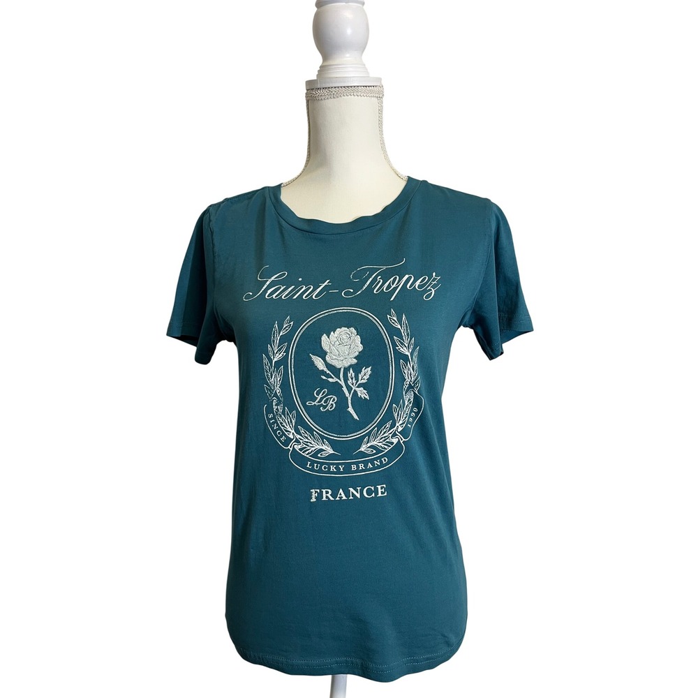 Lucky Brand Women's 100% Cotton Teal Short Sleeve T-Shirt with Rose Size XS